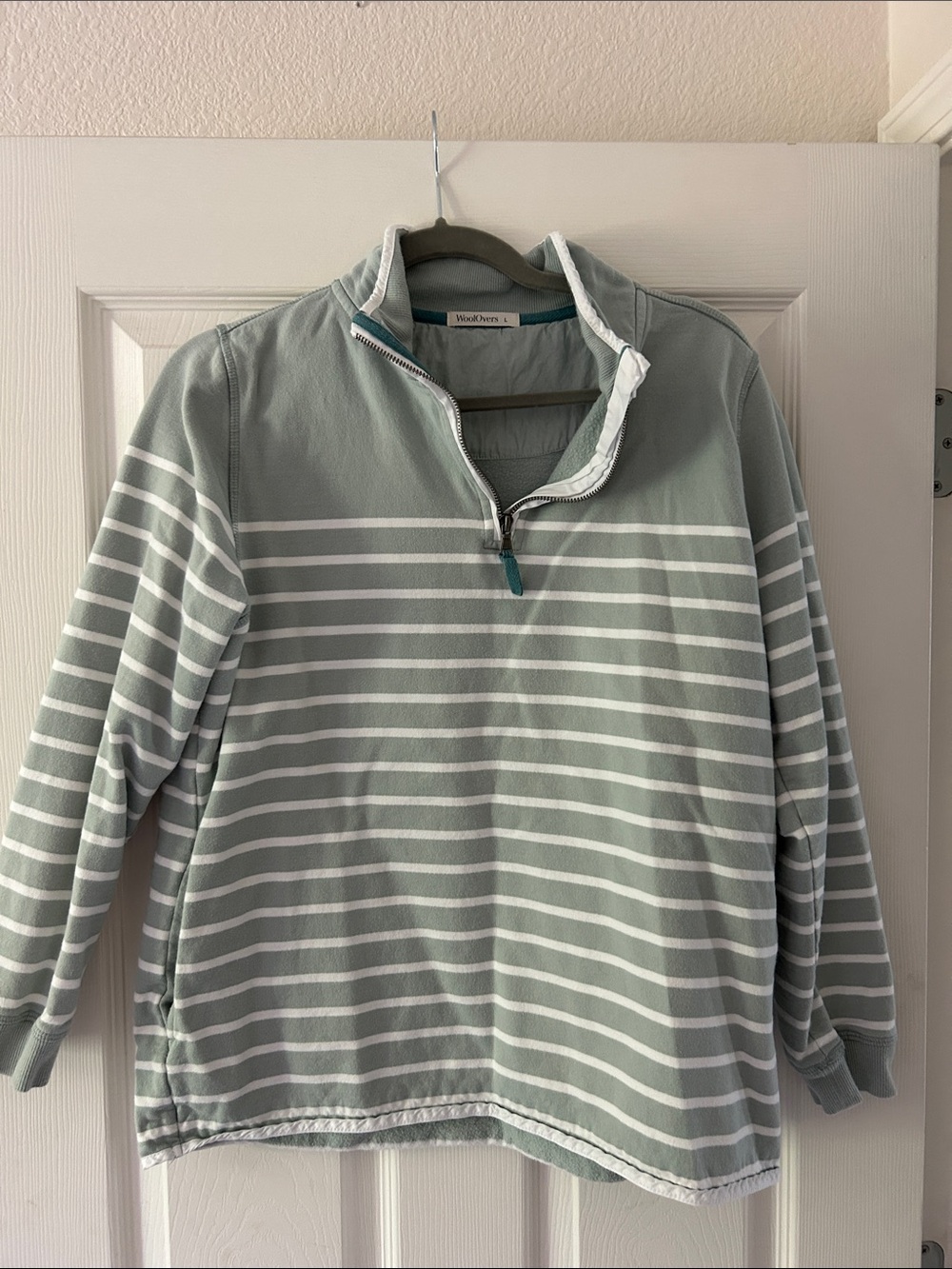 Woolovers Light Blue/Green and White Striped Half-Zip Pullover